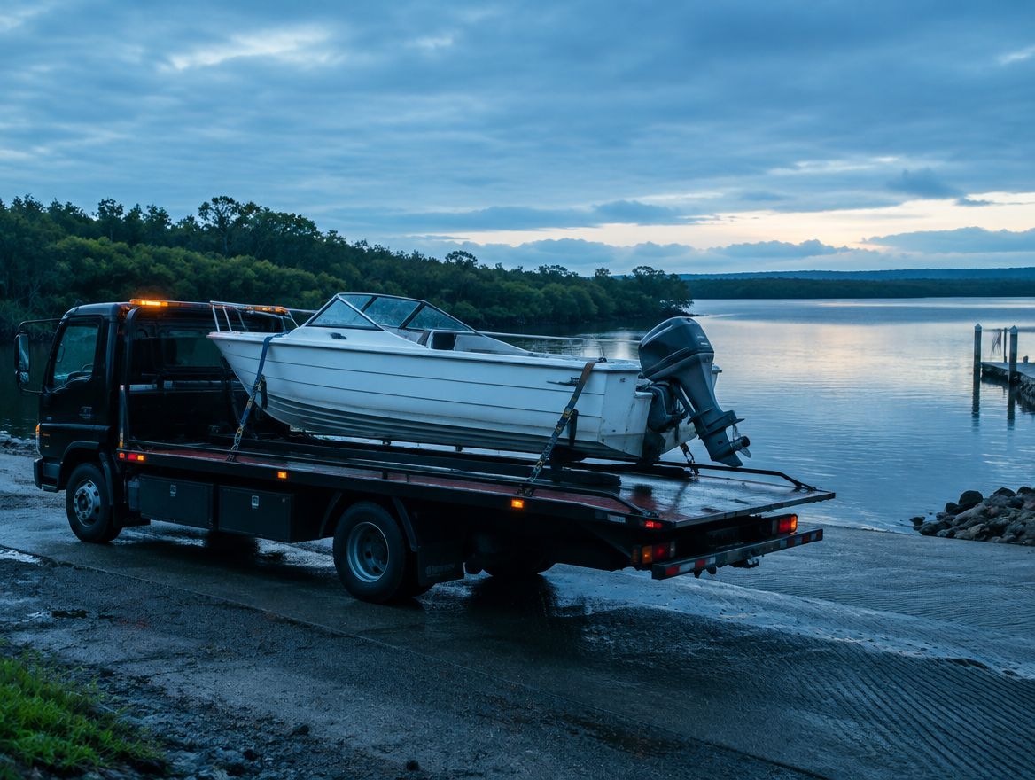 Boat on a tilt tray at a river boat ramp at dusk